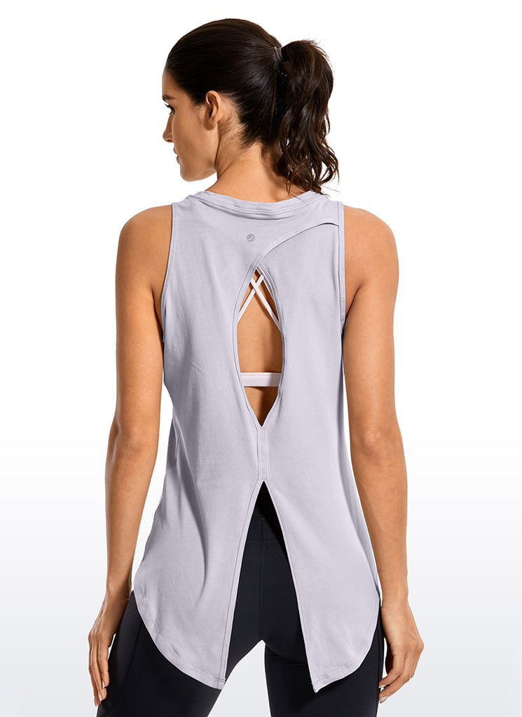 CRZ YOGA Women's Yoga Loose Fit Tops Pima Cotton Tank Split Open Back Ice Grey White