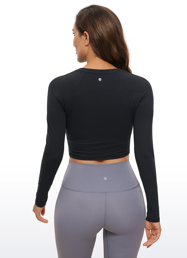CRZ YOGA Women's Run Train Slim Fit Tops Brushed Long Sleeves Cropped Black