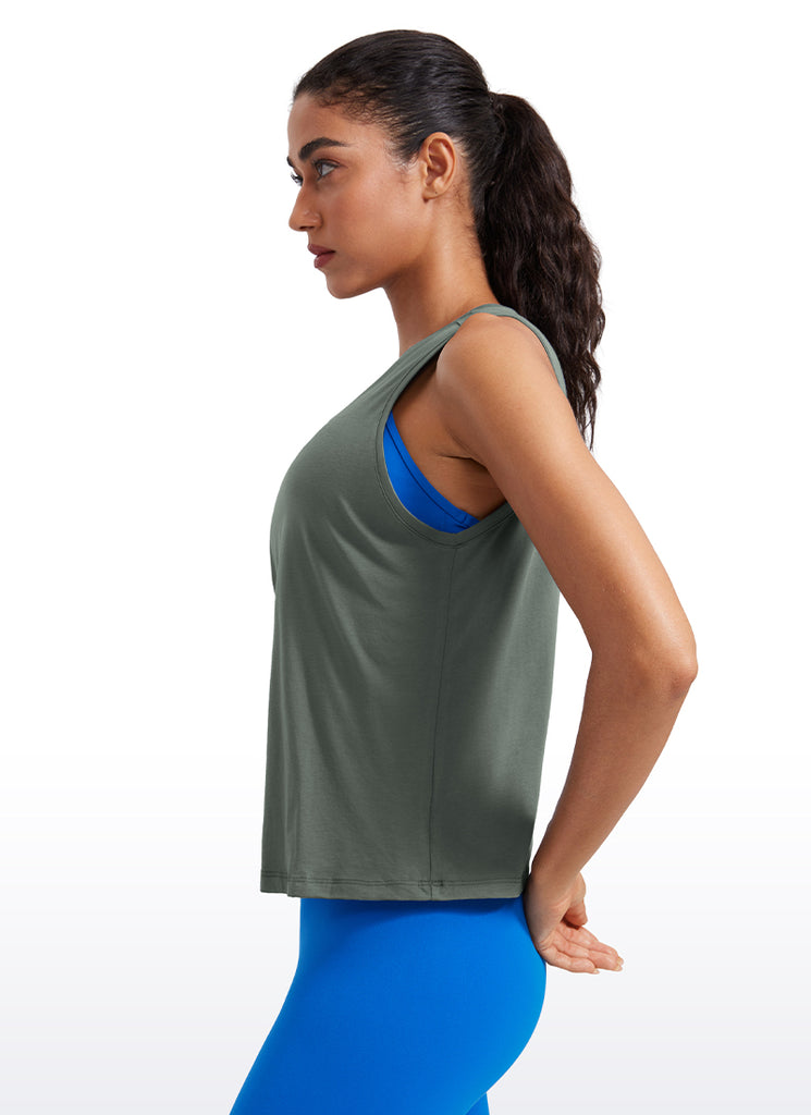 CRZ YOGA Women's Yoga Loose Fit Tops Pima Cotton Crop Tank Round Neck Belgian Blue