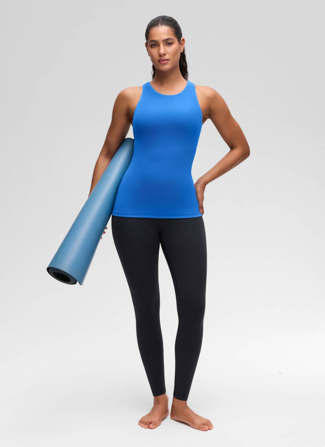 CRZ YOGA Women's Yoga Slim Fit Top Butterluxe Tank Racerback High Neck Sparkle Blue @model_info:Carol
