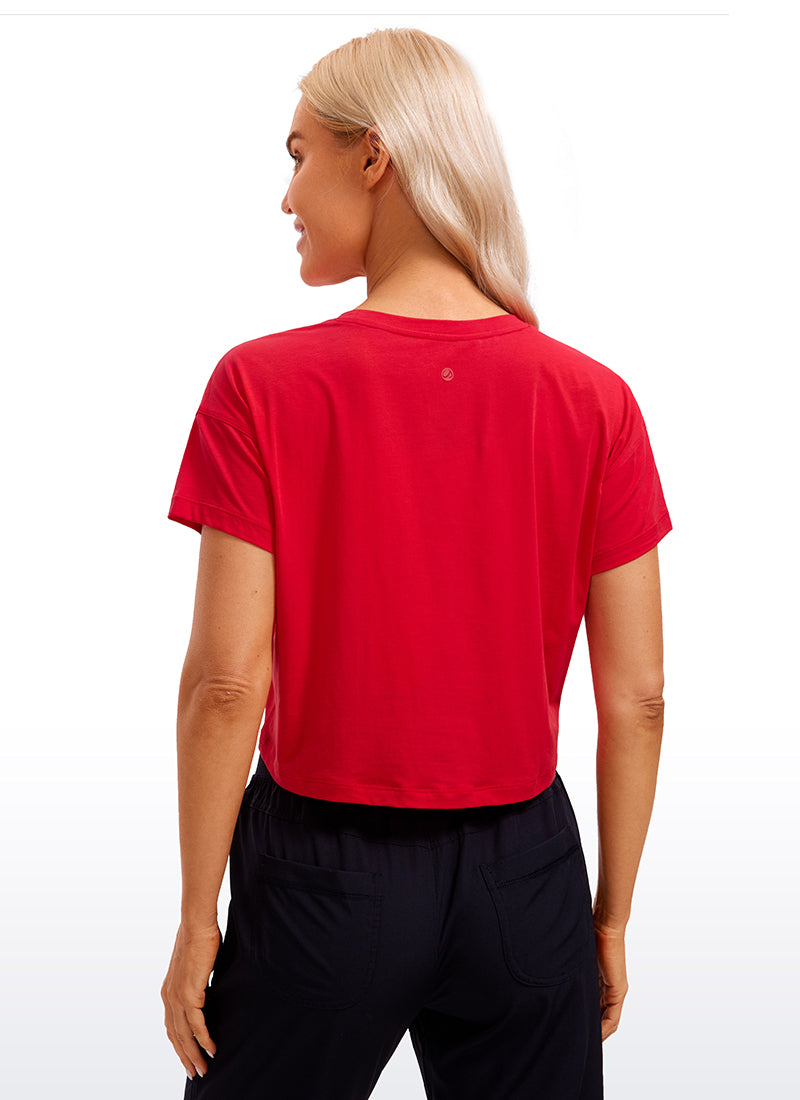 CRZ YOGA Women's Yoga Relaxed Fit Shirt Pima Cotton Crop Short Sleeves Festival Red