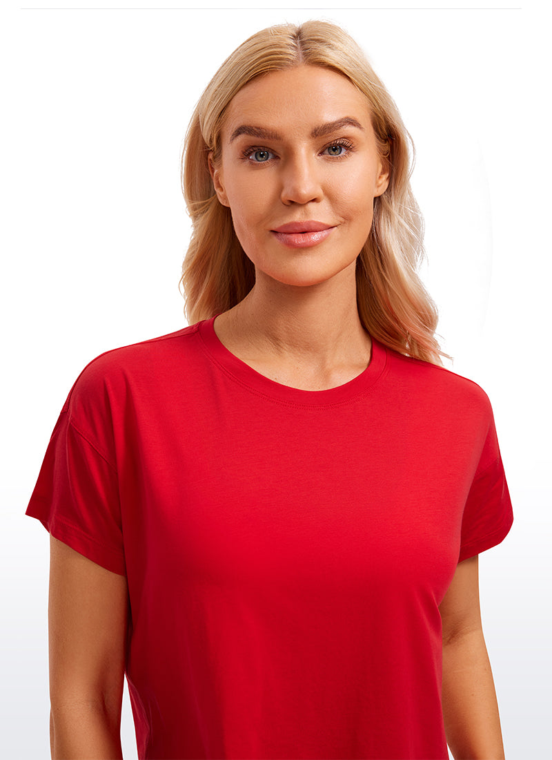 CRZ YOGA Women's Yoga Relaxed Fit Shirt Pima Cotton Crop Short Sleeves Festival Red
