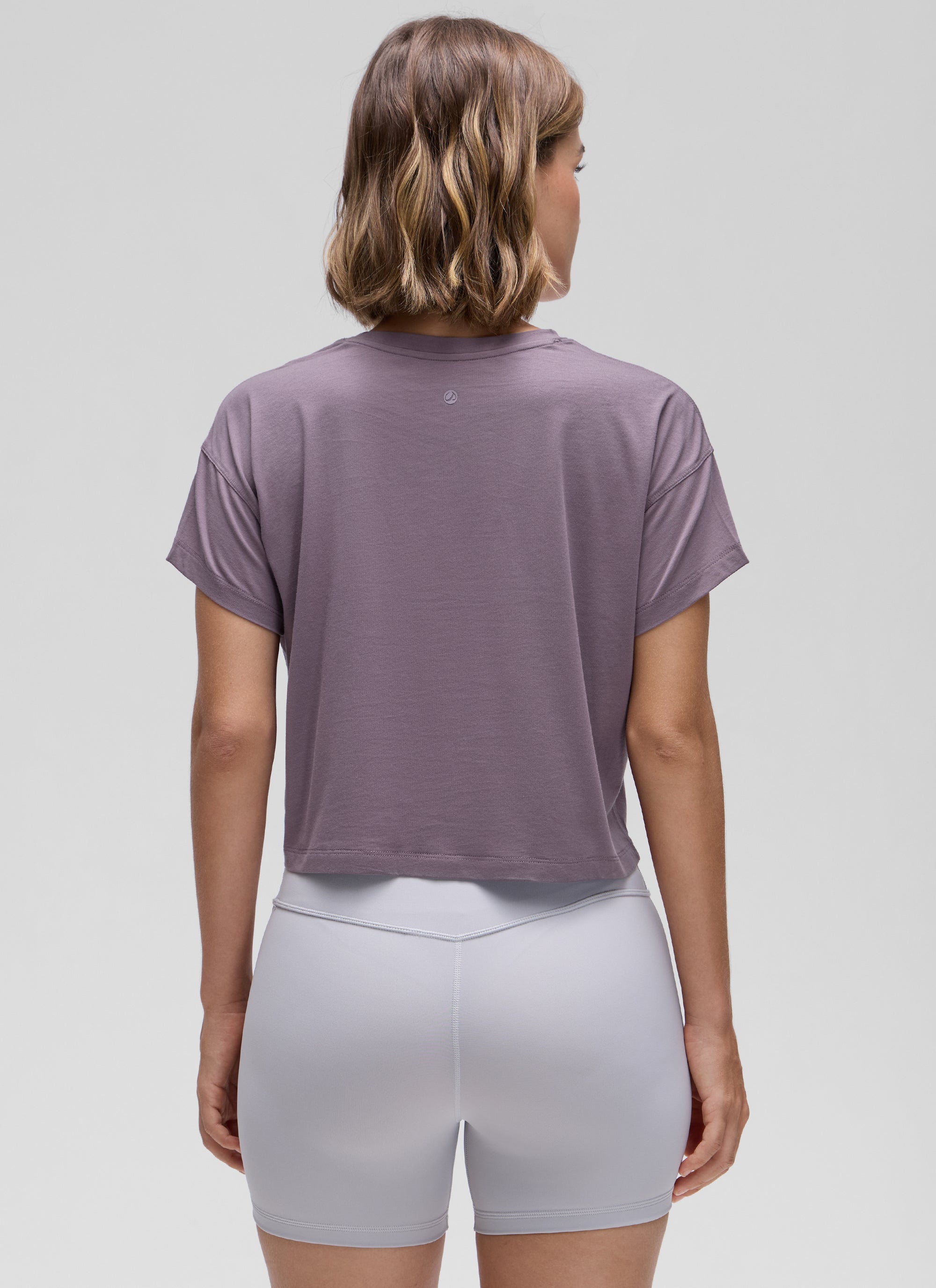 CRZ YOGA Women's Yoga Relaxed Fit Shirt Pima Cotton Crop Short Sleeves purple gray
