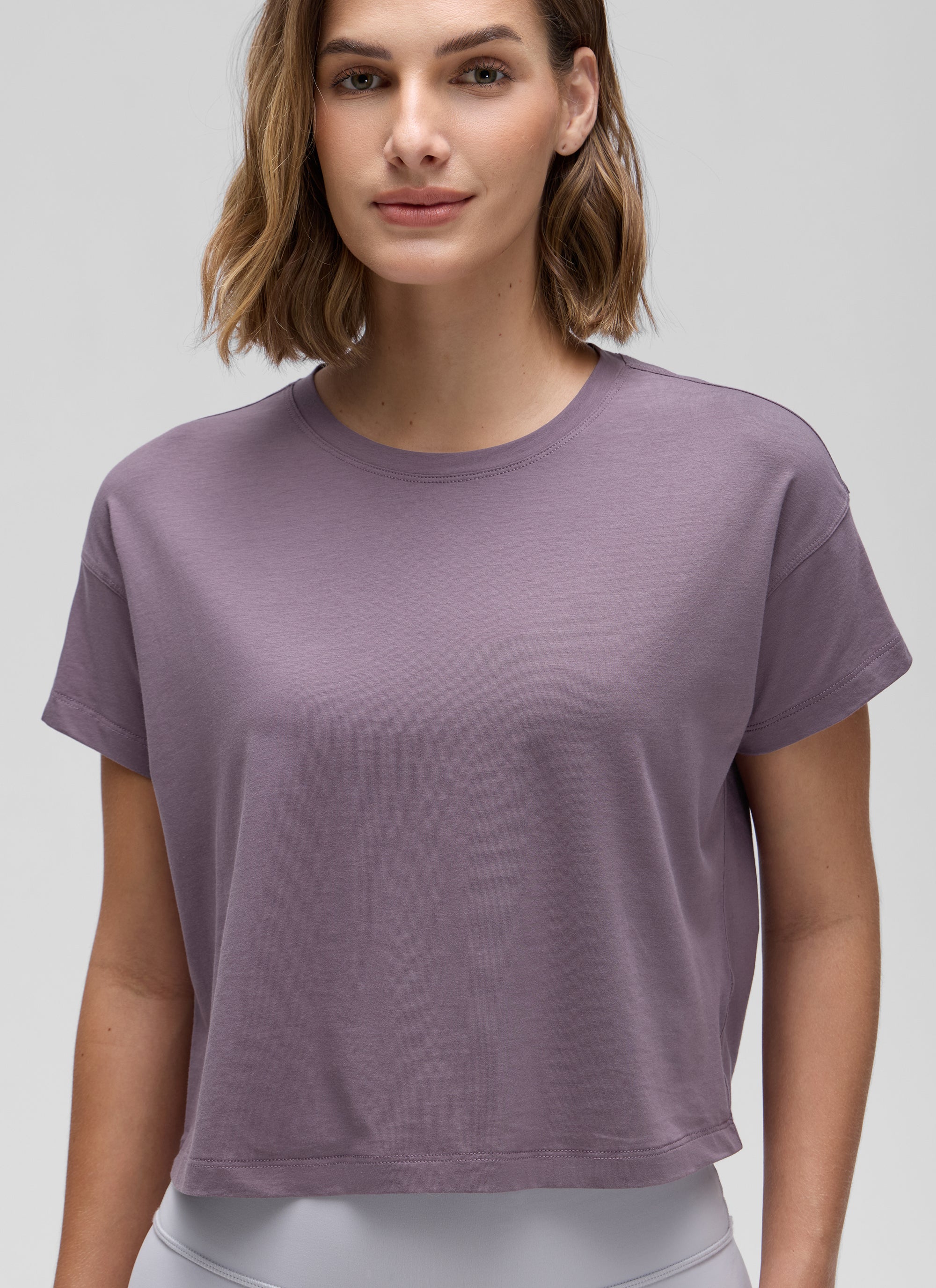 CRZ YOGA Women's Yoga Relaxed Fit Shirt Pima Cotton Crop Short Sleeves purple gray