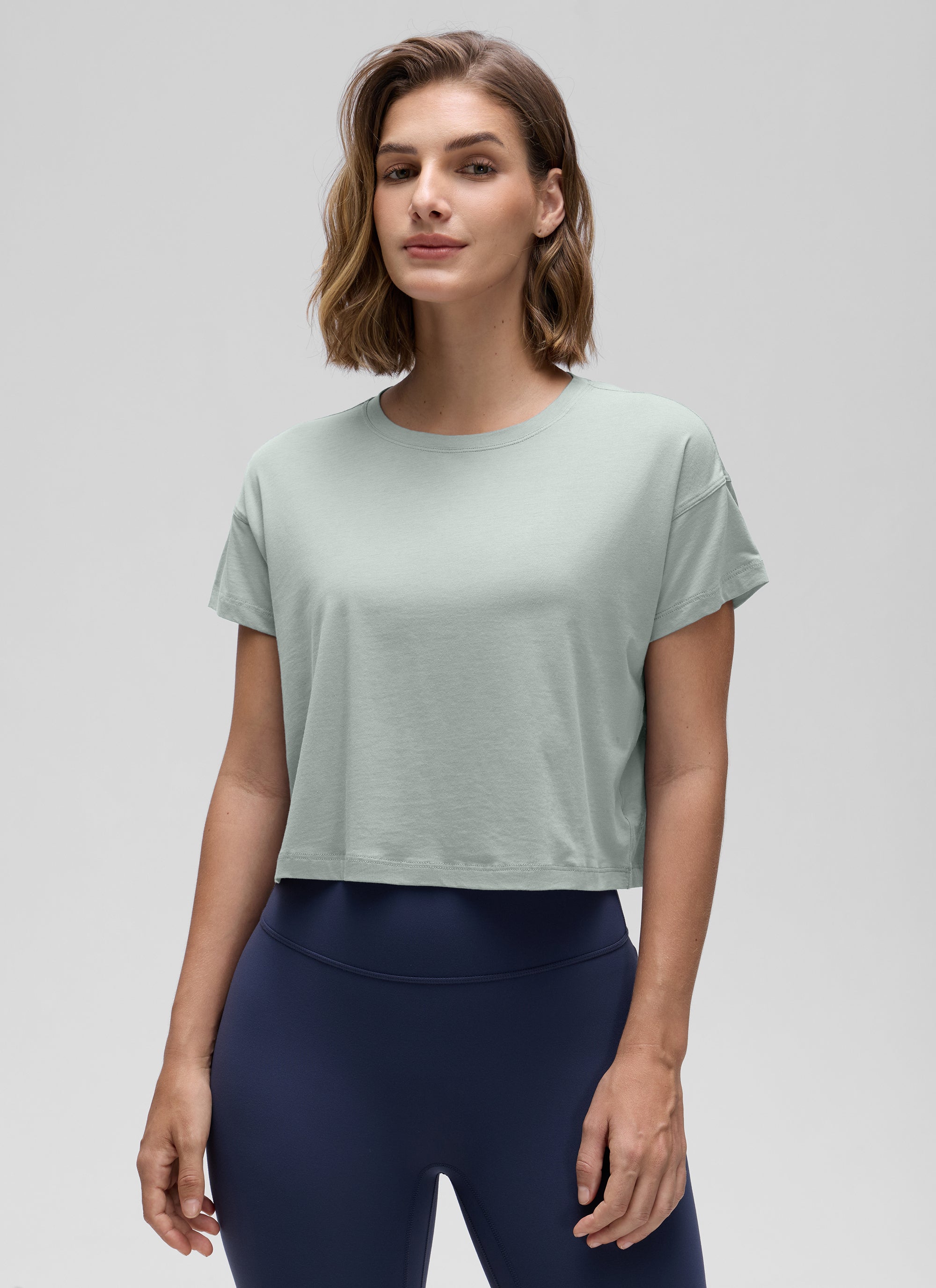 CRZ YOGA Women's Yoga Relaxed Fit Shirt Pima Cotton Crop Short Sleeves Jade Grey