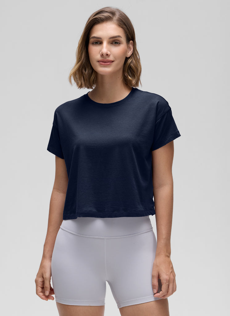 CRZ YOGA Women's Yoga Relaxed Fit Shirt Pima Cotton Crop Short Sleeves Tie Dye Smoke Ink