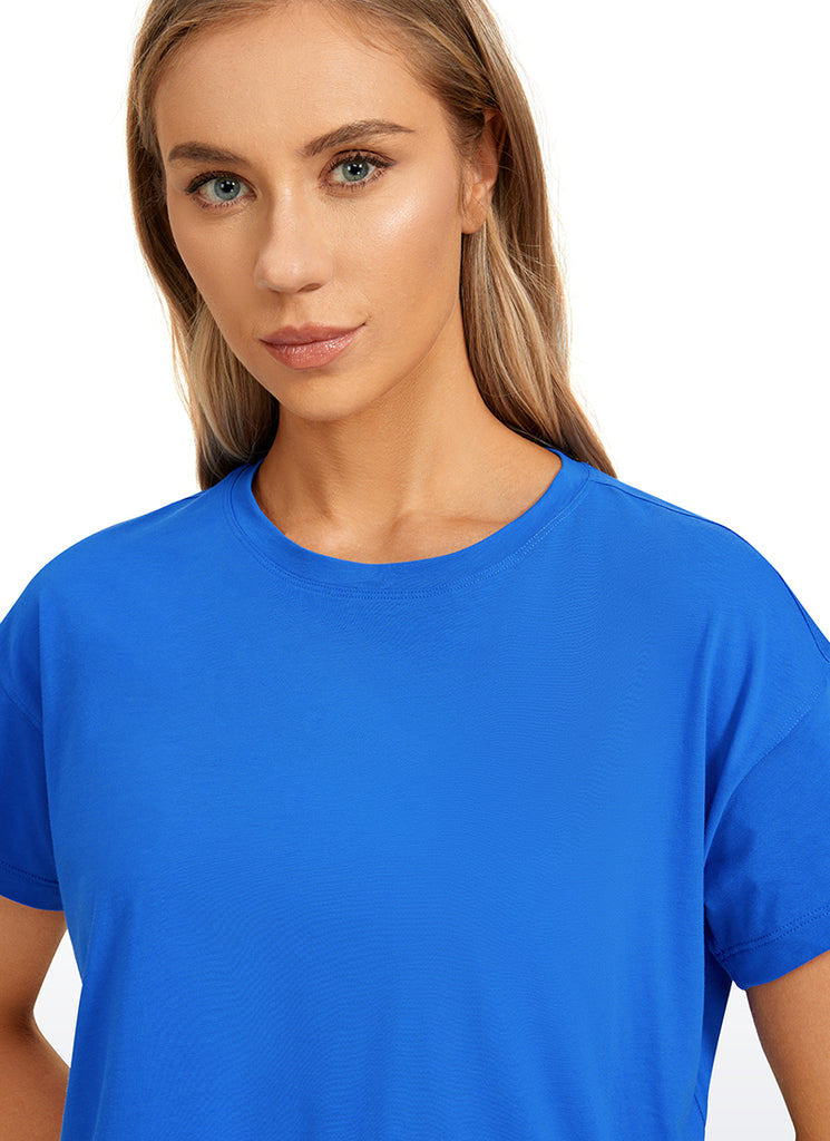 CRZ YOGA Women's Yoga Relaxed Fit Shirt Pima Cotton Crop Short Sleeves Strong Blue