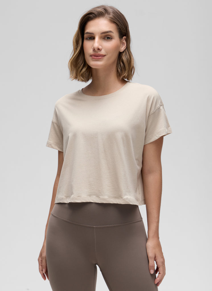 CRZ YOGA Women's Yoga Relaxed Fit Shirt Pima Cotton Crop Short Sleeves Strong Blue