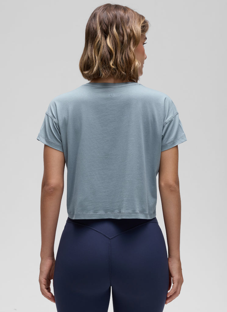 CRZ YOGA Women's Yoga Relaxed Fit Shirt Pima Cotton Crop Short Sleeves Belgian Blue