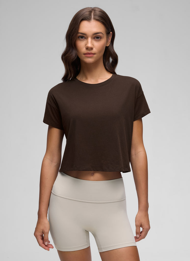 CRZ YOGA Women's Yoga Relaxed Fit Shirt Pima Cotton Crop Short Sleeves Hot Fudge Brown