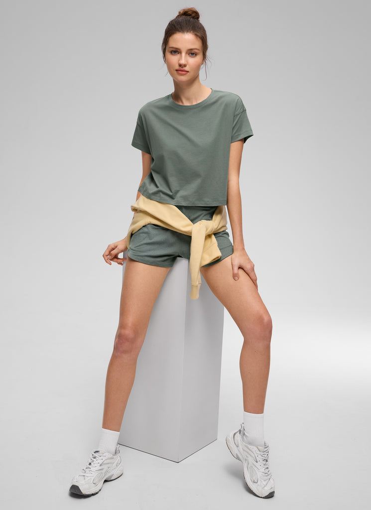 CRZ YOGA Women's Yoga Relaxed Fit Shirt Pima Cotton Crop Short Sleeves Jade Grey