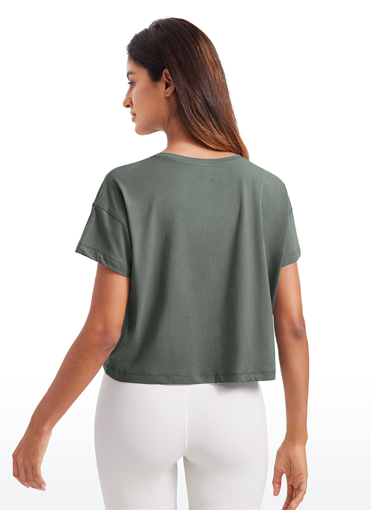 CRZ YOGA Women's Yoga Relaxed Fit Shirt Pima Cotton Crop Short Sleeves Belgian Blue