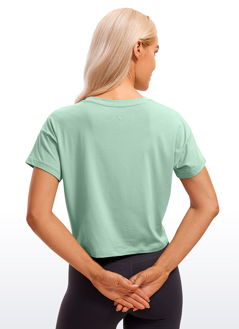 CRZ YOGA Women's Yoga Relaxed Fit Shirt Pima Cotton Crop Short Sleeves Soft Seagrass