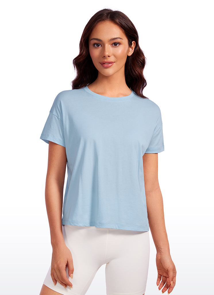 CRZ YOGA Women's Yoga Loose Fit Shirt Pima Cotton Short Sleeves Navy