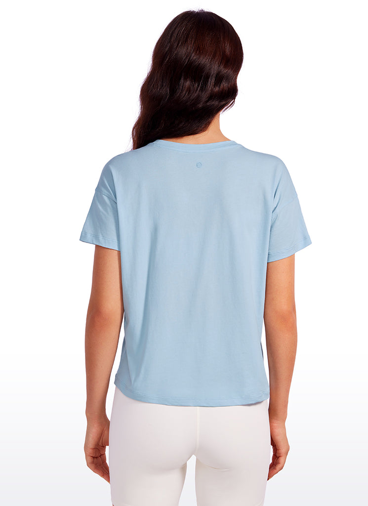 CRZ YOGA Women's Yoga Loose Fit Shirt Pima Cotton Short Sleeves Navy