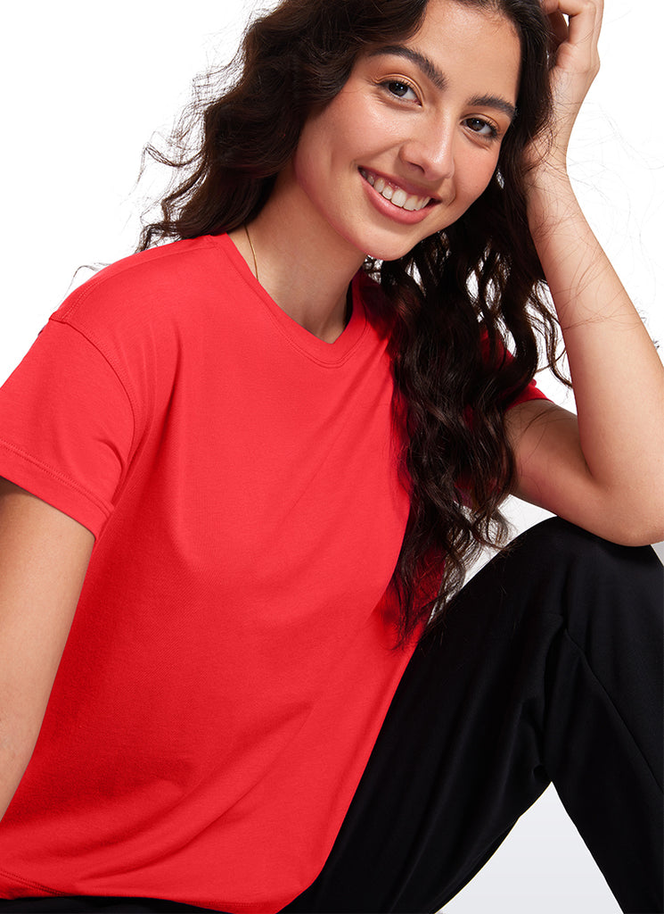 CRZ YOGA Women's Yoga Loose Fit Shirt Pima Cotton Short Sleeves Madagascar Blue