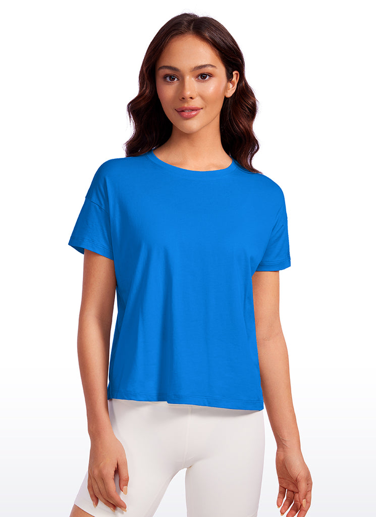 CRZ YOGA Women's Yoga Loose Fit Shirt Pima Cotton Short Sleeves Navy