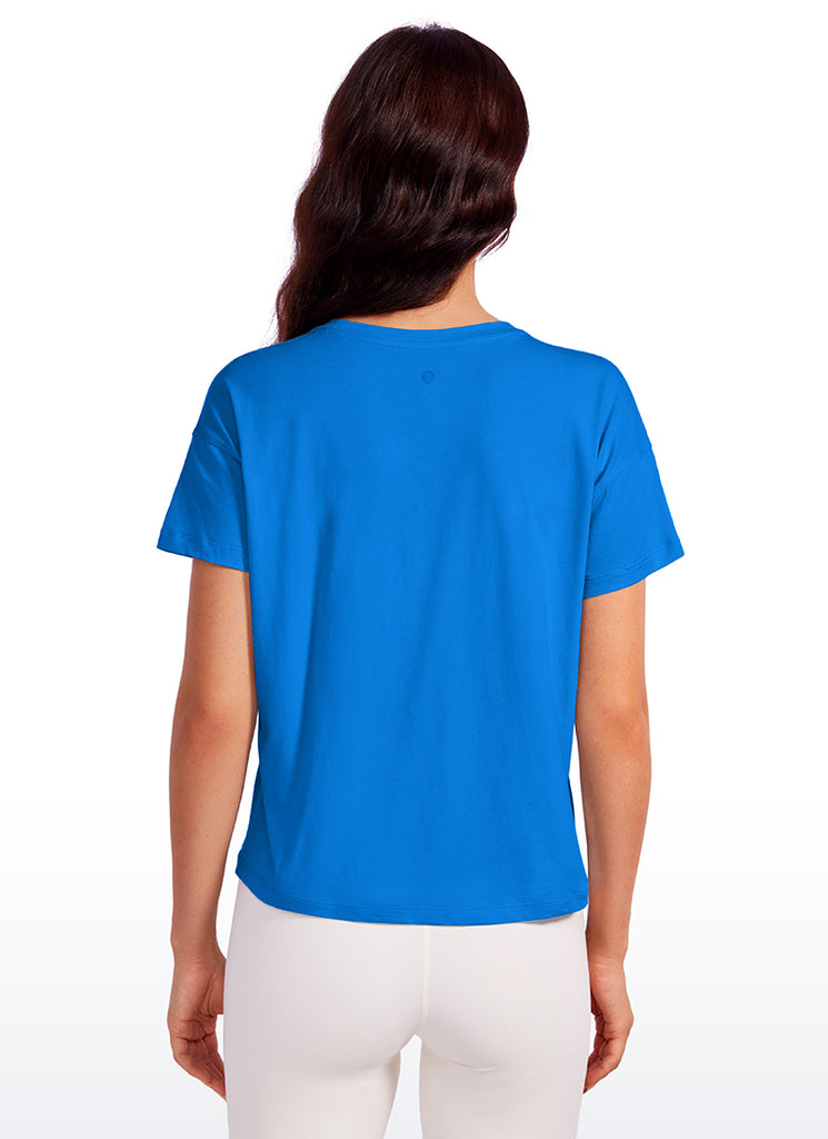 CRZ YOGA Women's Yoga Loose Fit Shirt Pima Cotton Short Sleeves Navy