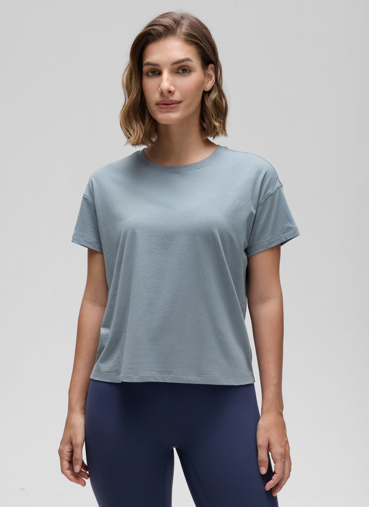 CRZ YOGA Women's Yoga Loose Fit Shirt Pima Cotton Short Sleeves Jade Grey