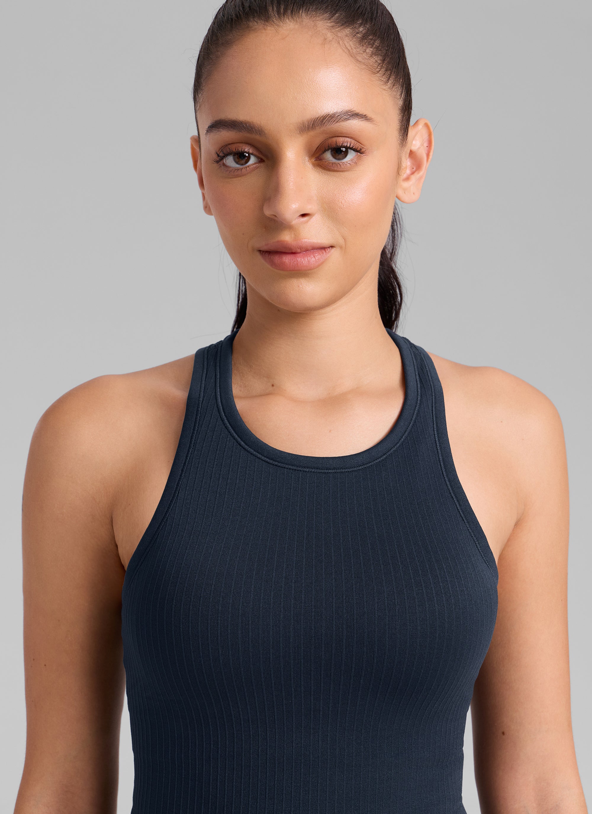 CRZ YOGA Women's Yoga Slim Fit Tops Seamless Longline Tank High Neck True Navy