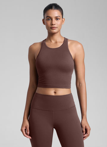 CRZ YOGA Women's Yoga Slim Fit Tops Seamless Longline Tank High Neck Taupe