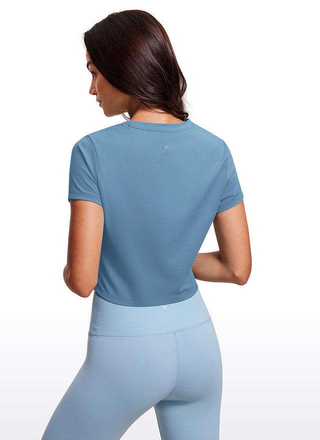 CRZ YOGA Women's Yoga Classic Fit Top Butterluxe Cropped Short Sleeves Universe Blue