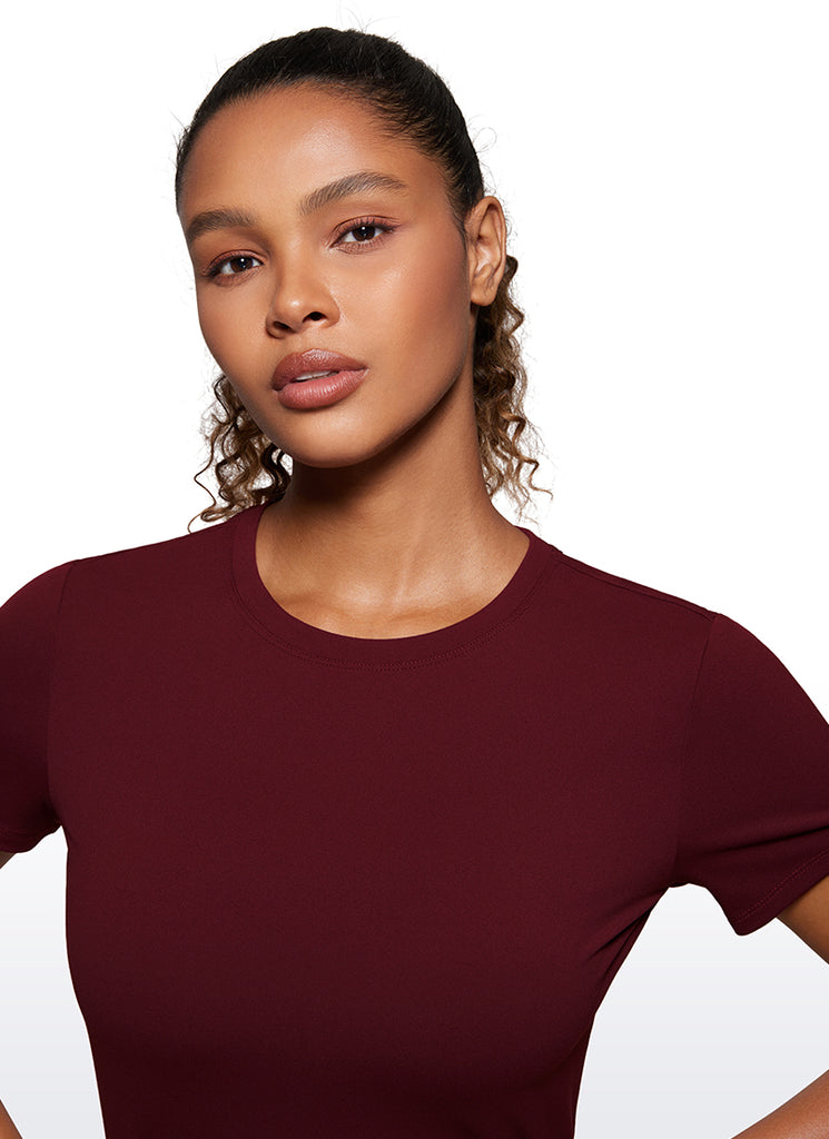 CRZ YOGA Women's Yoga Classic Fit Top Butterluxe Cropped Short Sleeves Red Merlot