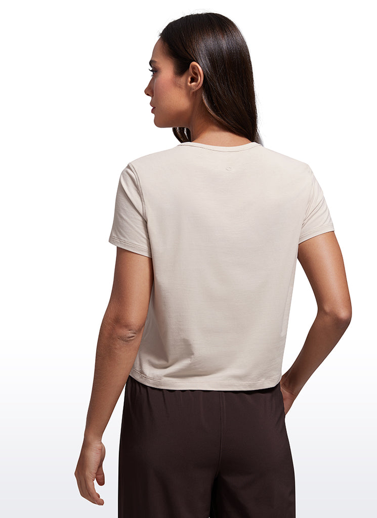 CRZ YOGA Women's Yoga Classic Fit Pima Cotton Short Sleeves High Neck Blue Linen