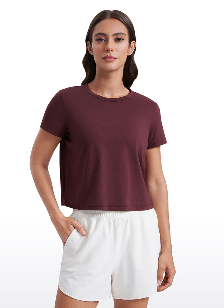 CRZ YOGA Women's Yoga Classic Fit Pima Cotton Short Sleeves High Neck Mocha Mousse