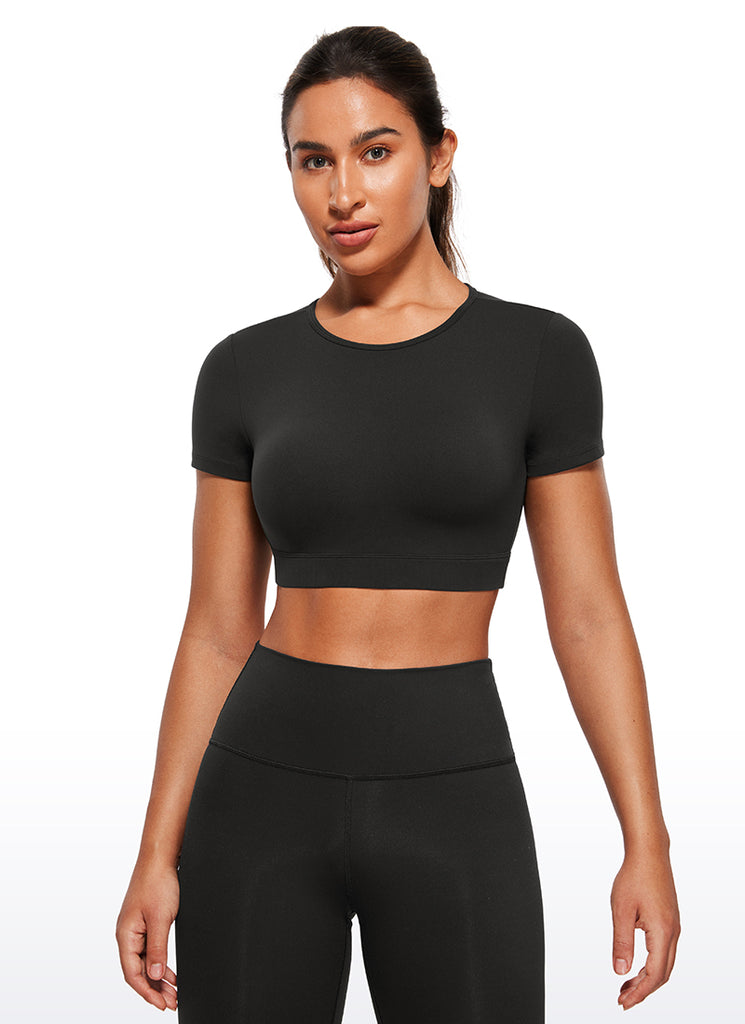 CRZ YOGA Women's Yoga Tight Fit Butterluxe Cropped Open Back Short Sleeves Blue Ashes