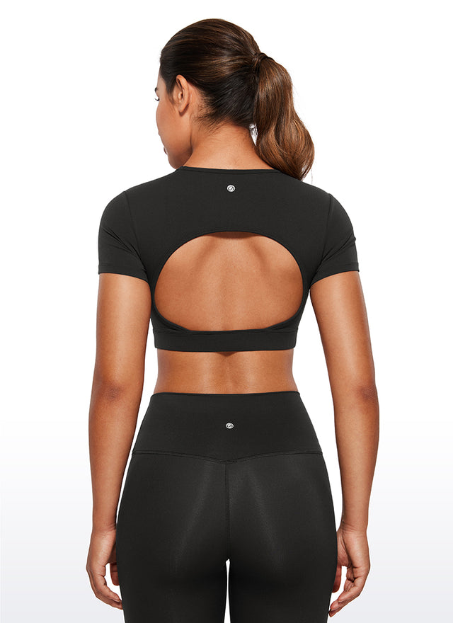 CRZ YOGA Women's Yoga Tight Fit Butterluxe Cropped Open Back Short Sleeves Black