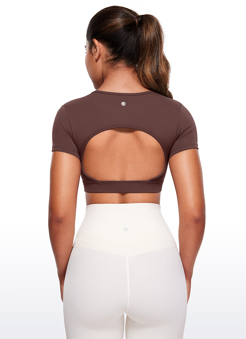 CRZ YOGA Women's Yoga Tight Fit Butterluxe Cropped Open Back Short Sleeves Taupe