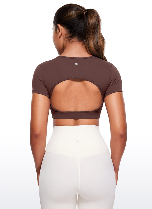 CRZ YOGA Women's Yoga Tight Fit Butterluxe Cropped Open Back Short Sleeves Taupe