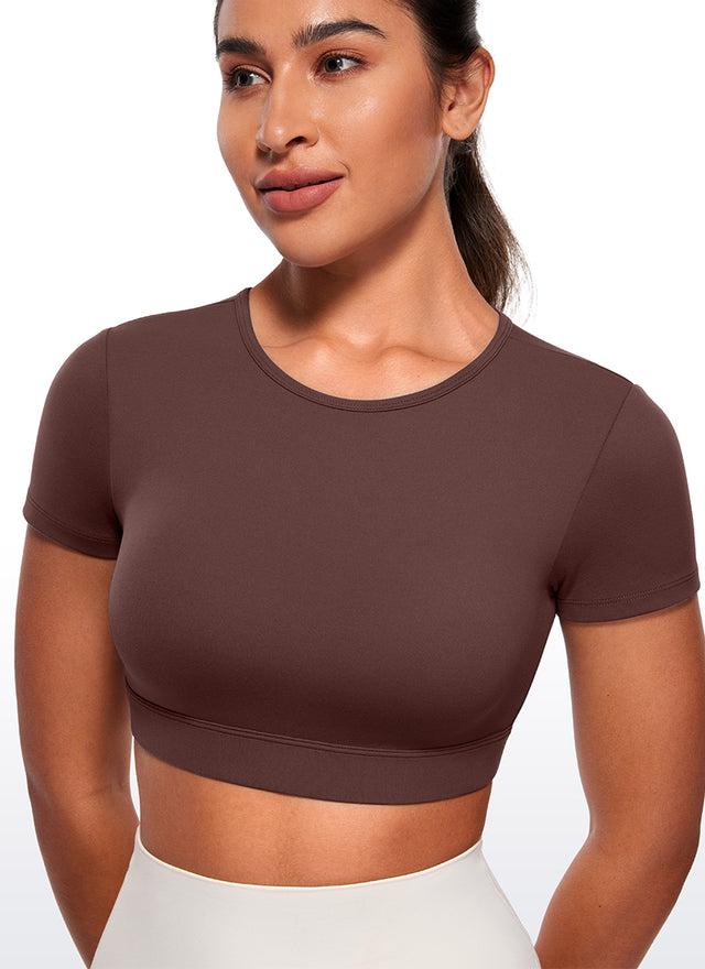 CRZ YOGA Women's Yoga Tight Fit Butterluxe Cropped Open Back Short Sleeves Taupe