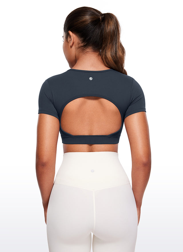 CRZ YOGA Women's Yoga Tight Fit Butterluxe Cropped Open Back Short Sleeves True Navy
