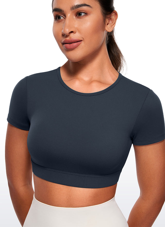 CRZ YOGA Women's Yoga Tight Fit Butterluxe Cropped Open Back Short Sleeves True Navy