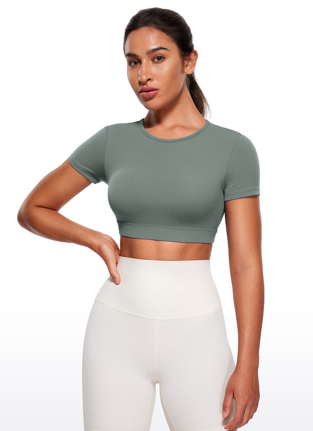 CRZ YOGA Women's Yoga Tight Fit Butterluxe Cropped Open Back Short Sleeves Grey Sage