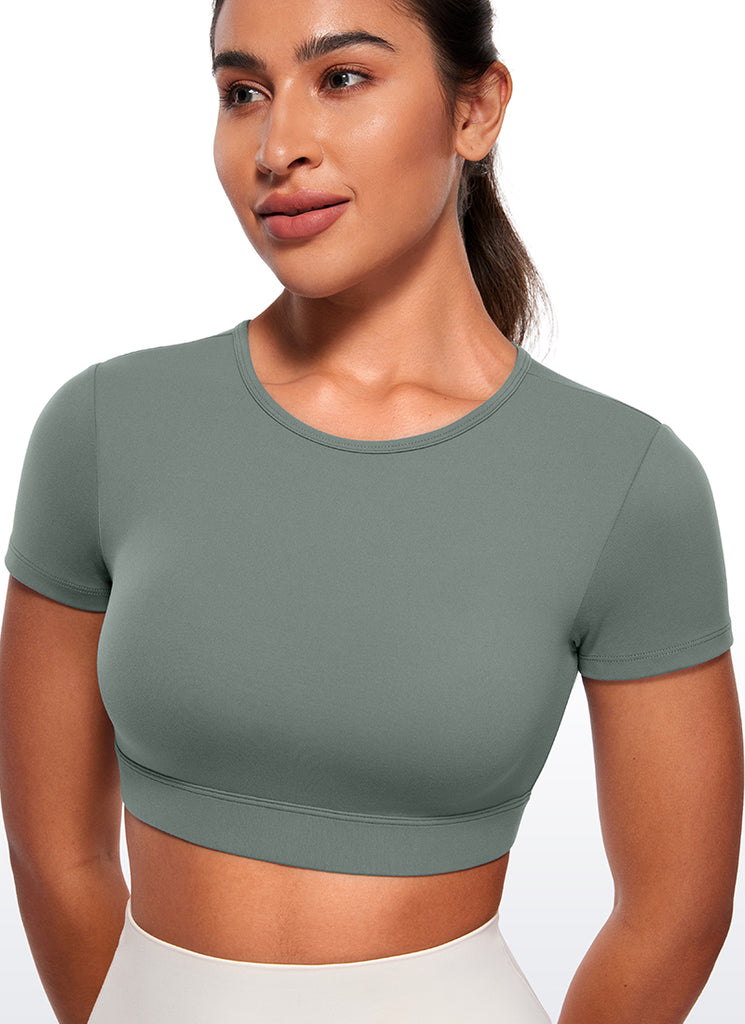 CRZ YOGA Women's Yoga Tight Fit Butterluxe Cropped Open Back Short Sleeves Hibiscus Purple