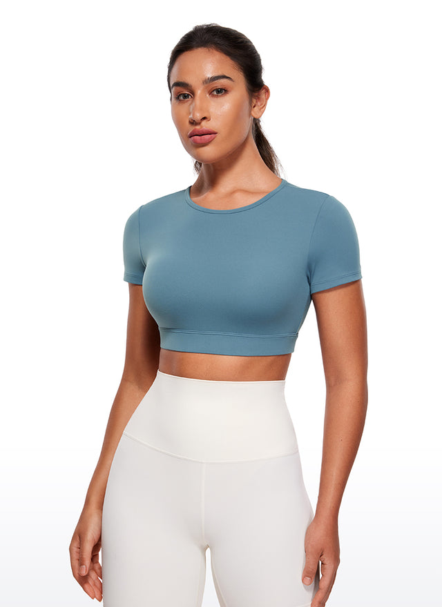 CRZ YOGA Women's Yoga Tight Fit Butterluxe Cropped Open Back Short Sleeves Blue Ashes