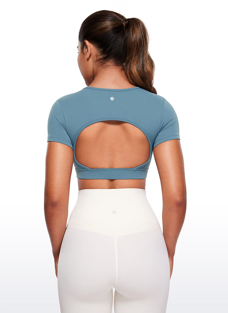 CRZ YOGA Women's Yoga Tight Fit Butterluxe Cropped Open Back Short Sleeves Blue Ashes