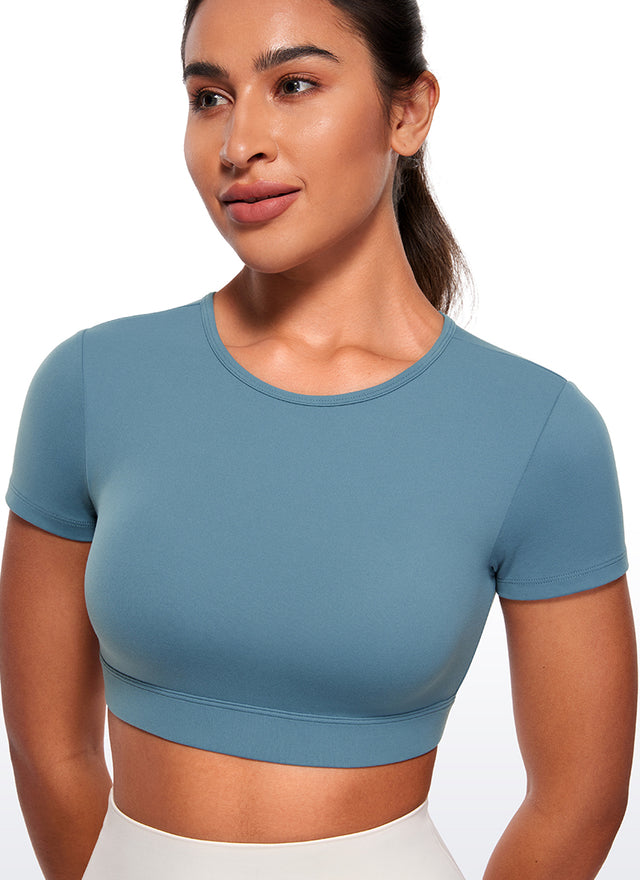 CRZ YOGA Women's Yoga Tight Fit Butterluxe Cropped Open Back Short Sleeves Blue Ashes