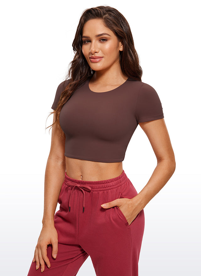 CRZ YOGA Women's Yoga Tight Fit Butterluxe Cropped Short Sleeves Taupe