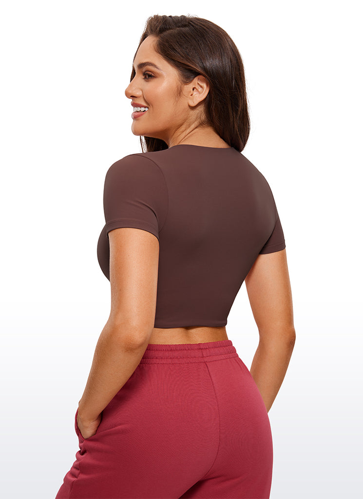 CRZ YOGA Women's Yoga Tight Fit Butterluxe Cropped Short Sleeves White Apricot