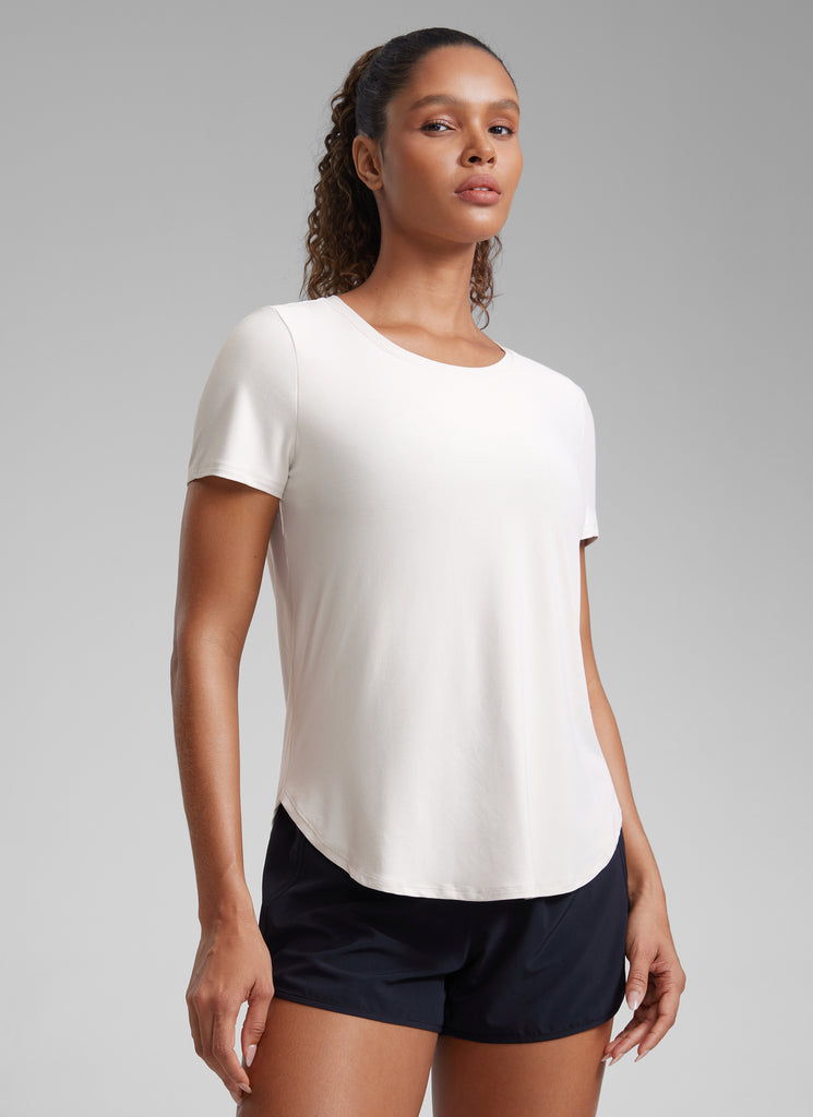 CRZ YOGA Women's Workout Lightweight Crewneck Short Sleeves Side Slit Milky White