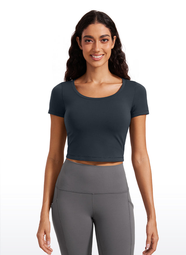 CRZYOGA Women's Slim Fit Scoop Neck Cropped Short Sleeves True Navy