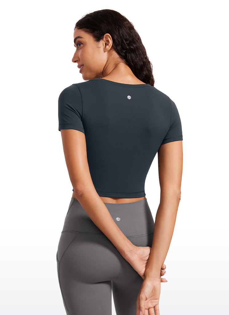 CRZYOGA Women's Slim Fit Scoop Neck Cropped Short Sleeves White