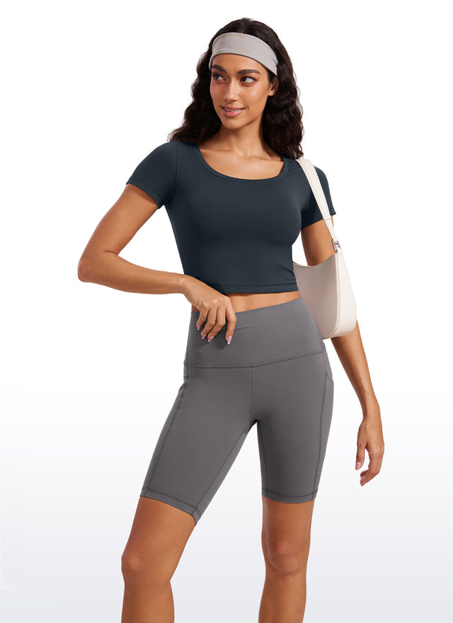 CRZYOGA Women's Slim Fit Scoop Neck Cropped Short Sleeves True Navy