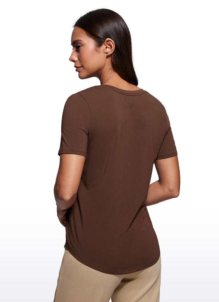 CRZ YOGA Women's Yoga Relaxed Fit Pima Cotton Short Sleeves V Neck Blue Linen