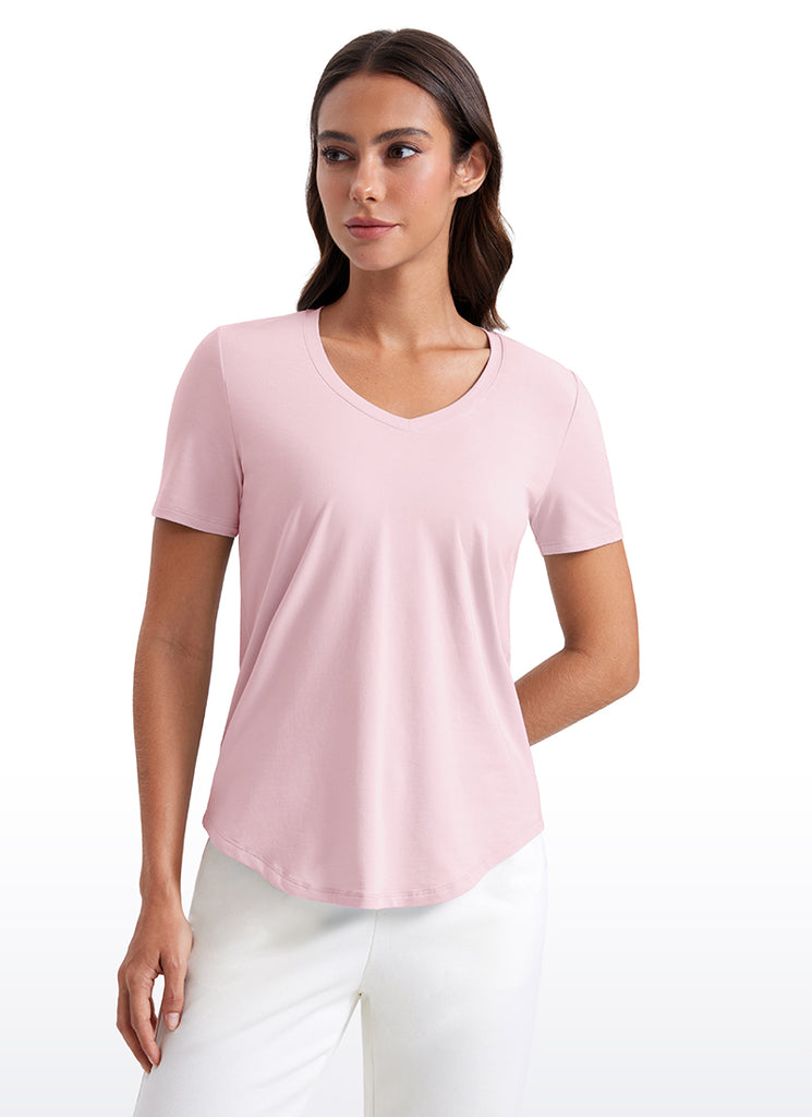 CRZ YOGA Women's Yoga Relaxed Fit Pima Cotton Short Sleeves V Neck Belgian Blue