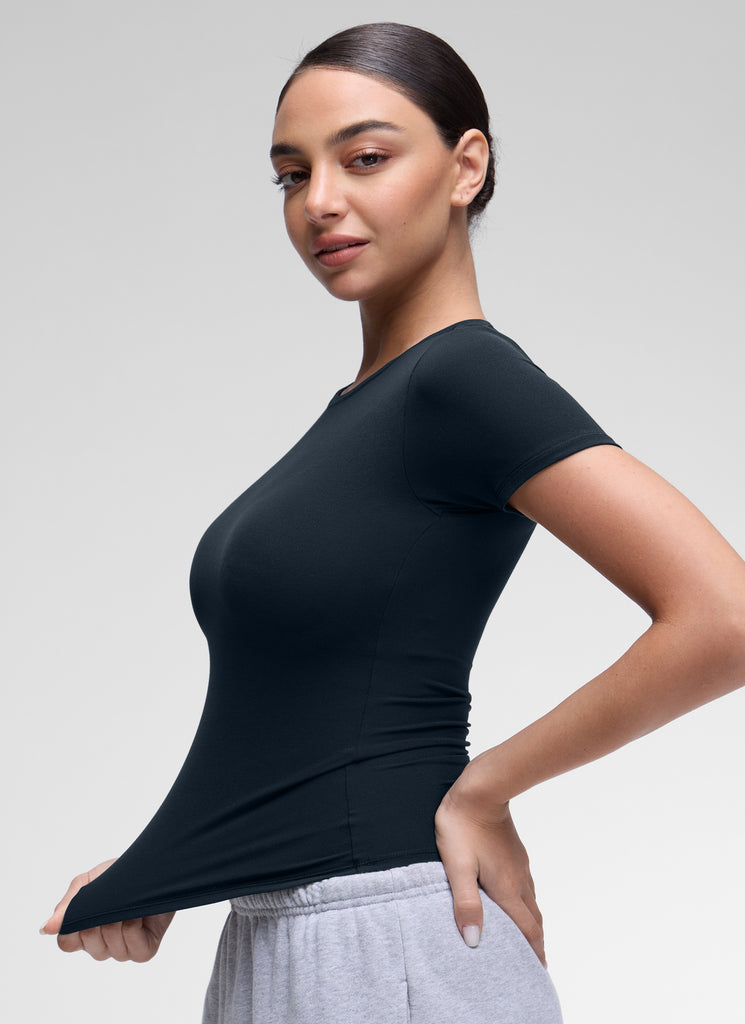 CRZ YOGA Women Going Out Tops Soft High Crew Neck Casual Tight Shirts White